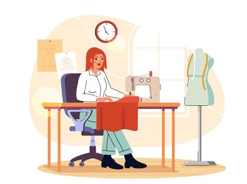 Seamstress working at sewing machine. Vector illustration Stock Illustration