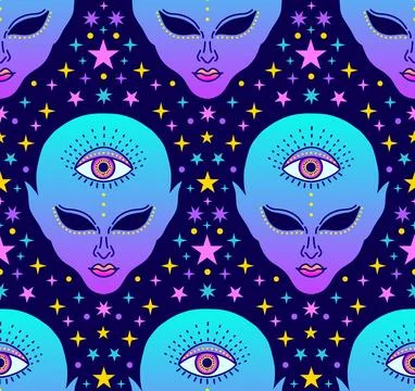 Seanmless pattern with alien face in neon pink and blue tones, surrounded b.. Stock Illustration
