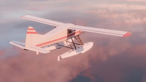 Seaplane flying over clouds at sunset with pink and orange hues Stock Footage 325791281