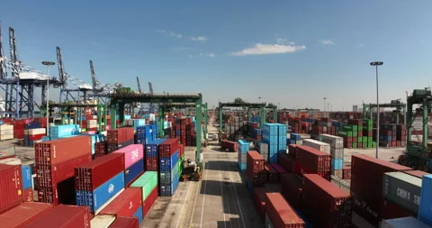 Seaport background, many cargo containers. Aerial view harbor. freight delivery. Stock Footage 321413556
