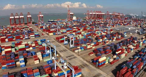 Seaport background, many cargo containers. Aerial view harbor. freight delivery. Stock Footage 321766994