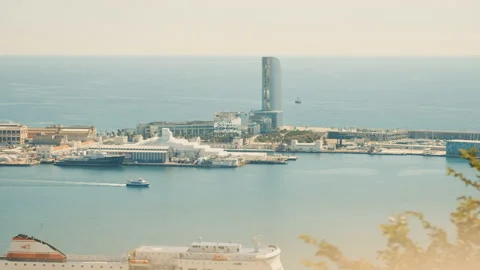 Seaport in Barcelona. Coast with moored yachts. Shooting from a height Video stock 130211341
