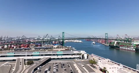 Seaport containers, logistics, transportation, cargo delivery big ships. Drone Stock Footage 238572760