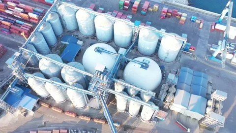 Seaport infrastructure. Port elevator for unloading grain. View from above. Stock Footage 161626726