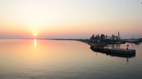 Seaport in the light of the setting sun Stock Footage 84547677