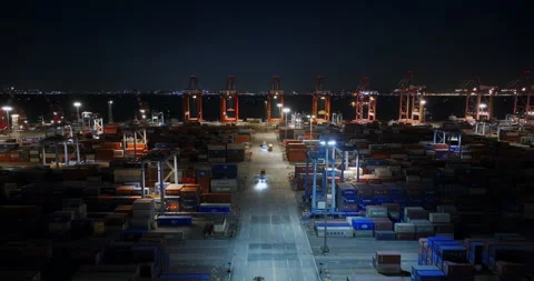 Seaport with many freight containers at night. Cargo distribution point delivery 動画素材 319386370