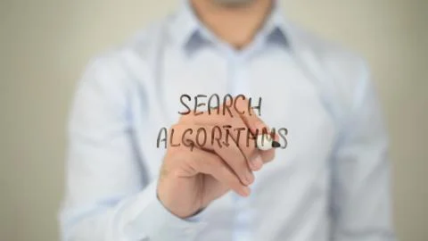 Search Algorithms , man writing on transparent screen Foto stock