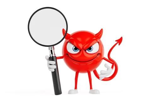 Search And Analysis Concept. Red Devil Cartoon Character Holding Magnifying.. Stock Illustration