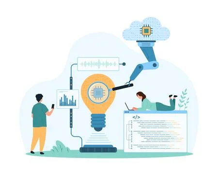 Search and development of tech creative ideas for digital projects of tiny Stock Illustration