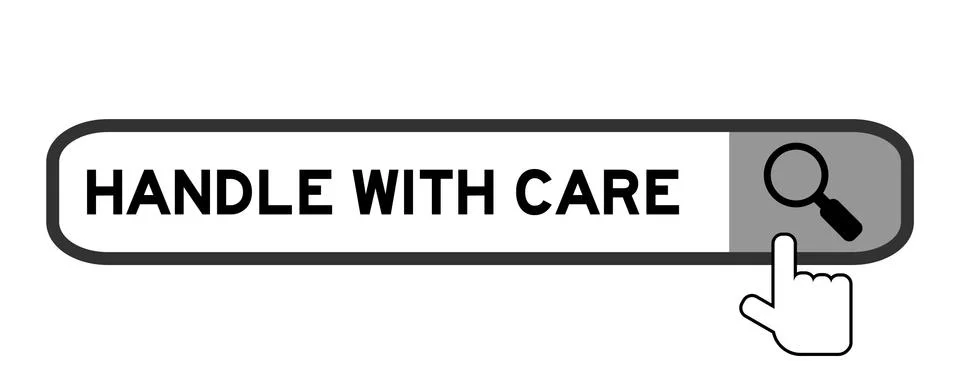 Search banner in word handle with care with hand over magnifier icon on white Illustration