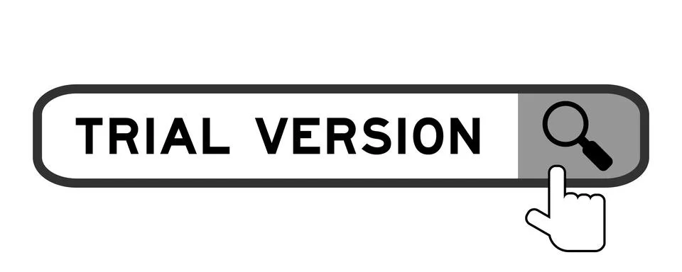 Search banner in word trial version with hand over magnifier icon on white .. Stock Illustration