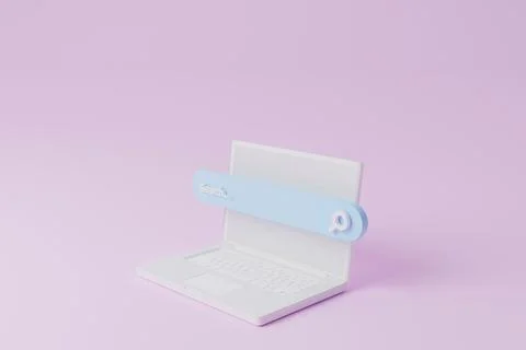Search bar and computer laptop on pink background. Searching information data Stock Illustration