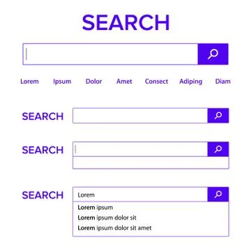 Search Bar Field Vector. Search Engine Browser Window Template. Pop Up List 스톡 일러스트