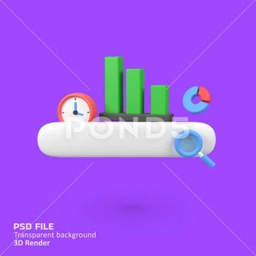 Search bar with graph bar and clock isolated 3d render icon illustration PSD Template