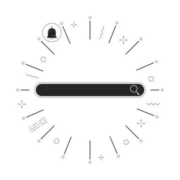 Search bar with notification bell in frame bw 2D line cartoon objects Stock Illustration