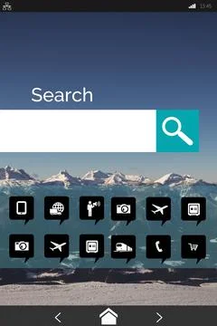 Search bar with various computer icons on device screen Illustrazione stock