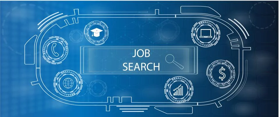 Search bar on virtual screen interface computer with job icons. find jobs tec 스톡 일러스트