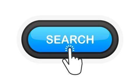 Search blue realistic 3D button isolated on white background. Hand clicked. V Stock Illustration
