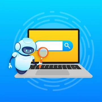 Search bot in cartoon style. Artificial intelligence. Isometric vector. Vector Stock Illustration