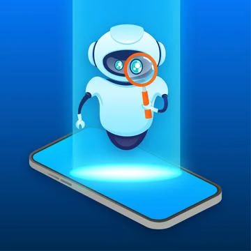 Search bot in cartoon style. Artificial intelligence. Isometric vector. Vector Stock Illustration