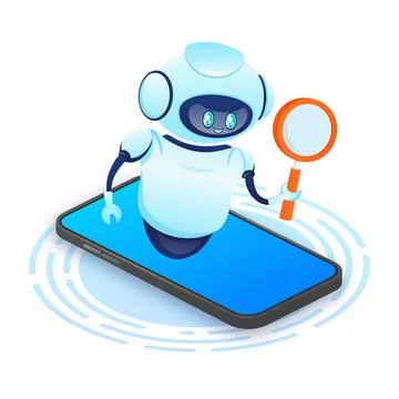 Search bot in cartoon style. Artificial intelligence. Isometric vector. Vector Stock Illustration