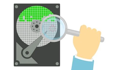 Search for bugs on the hard disk. A hand with a magnifying glass finds an error. Stock Illustration