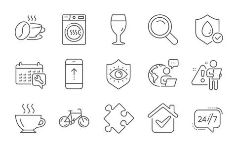Search, Coffee cup and Spanner icons set. Eye protection, Dryer machine and 24h Illustrazione stock