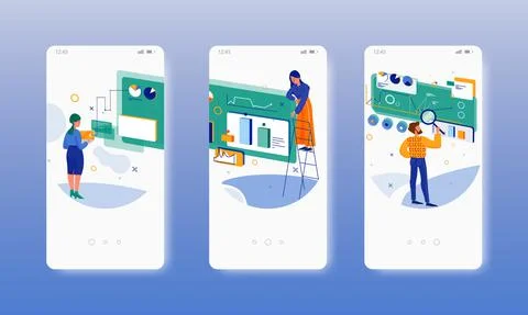 Search, collect data. Dashboard. Data analysis. Mobile app screens, vector Stock-Illustration