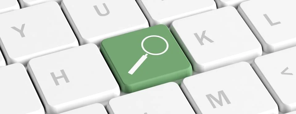 Search, computer key concept. Green key button with a magnifying glass on a c Stock Illustration