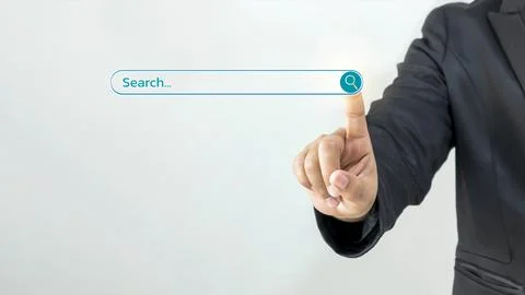 Search concept data surfing Information network. A businessman clicks an In.. Stock Photos