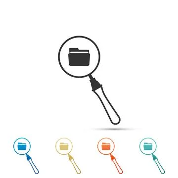 Search concept with folder icon isolated on white background. Magnifying glass Illustrazione stock