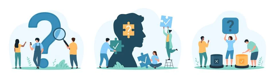 Search for correct answer to question set, tiny people choose cross and tick Stock Illustration