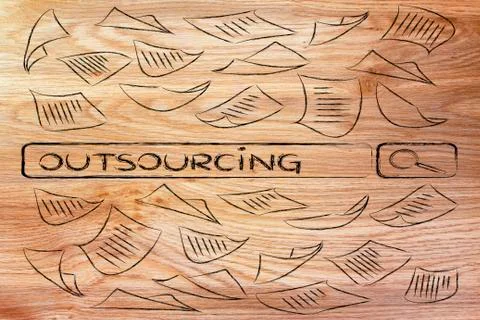 Search engine bar surrounded by messy documents, reading about outsourcing Stock Illustration