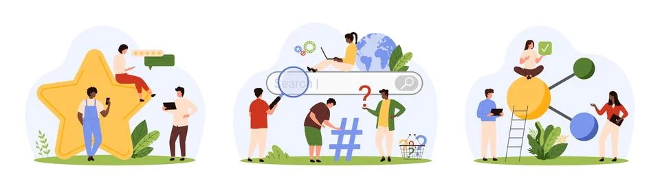 Search engine in browser and review services for tiny people, link data network Stock Illustration