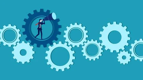 Search engine. Businessman using binoculars on gears. business concept vector Stock Illustration