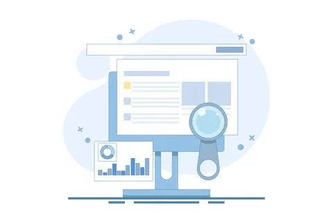 Search engine data analysis concept, SEO tools, SEO software. Illustrazione stock