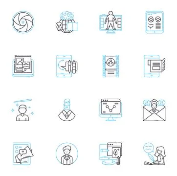 Search engine linear icons set. Google, Yahoo, Bing, Search, Results, Algorithms Stock Illustration