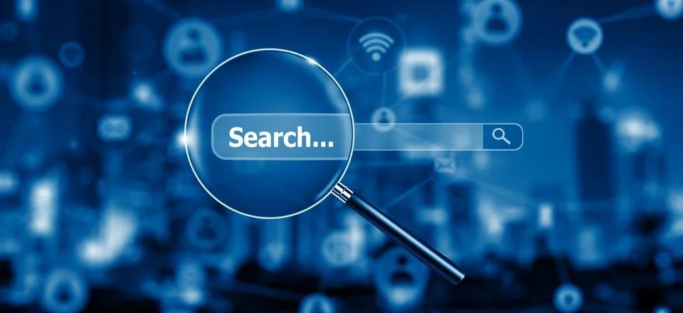 Search Engine Optimisation - SEO - with Magnifying glass on Network and Soc.. Stock Illustration