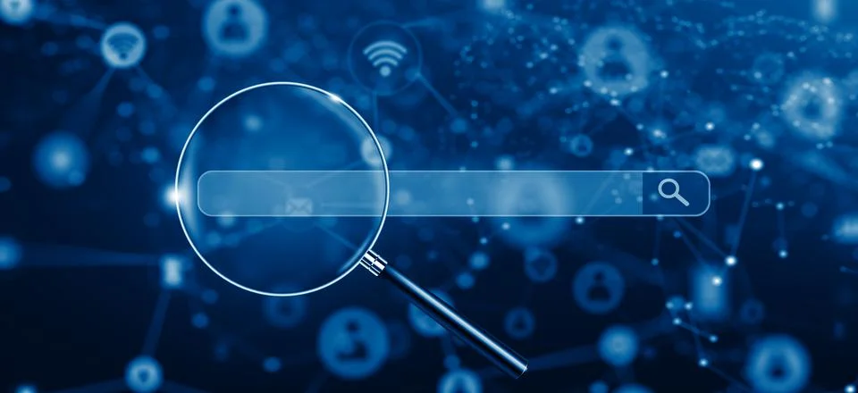 Search Engine Optimisation - SEO - with Magnifying glass on Network and Soc.. Stock Illustration