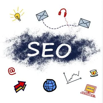 Search engine optimization. Abbreviation SEO and drawings on white background Stock Illustration