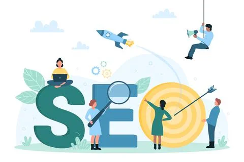 Search Engine Optimization and development, tiny people looking at SEO text and 스톡 일러스트