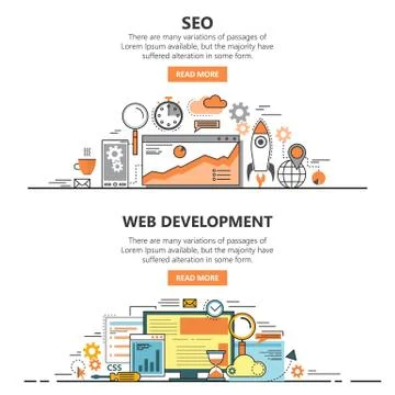 Search Engine Optimization and Web development flat thin line design banners. Stock Illustration