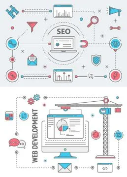 Search Engine Optimization and Web development flat thin line design banners. Illustrazione stock