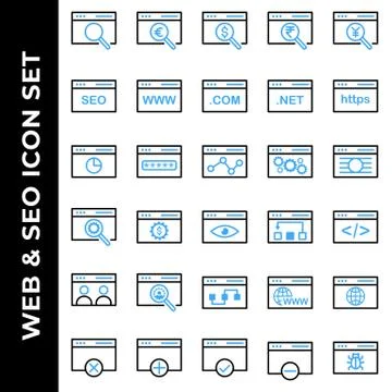 Search engine optimization and web icon set include search, magnifier, web, e Stock Illustration