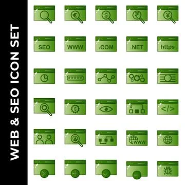 Search engine optimization and web icon set include search, magnifier, web, e Stock Illustration