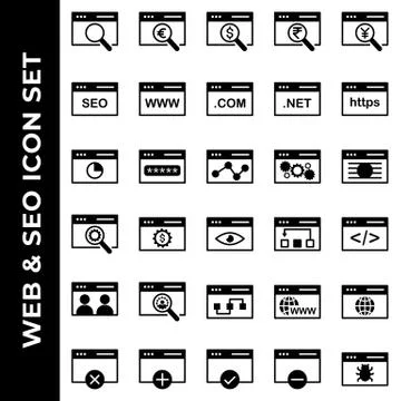 Search engine optimization and web icon set include search, magnifier, web, e Stock Illustration