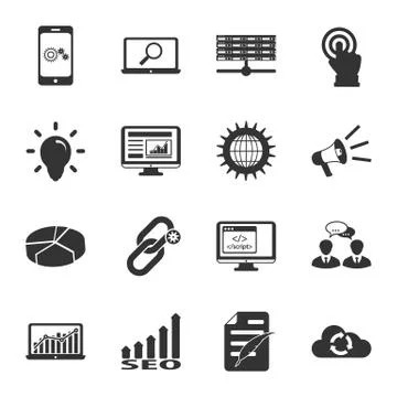 Search engine optimization black and white flat icons set Stock Illustration