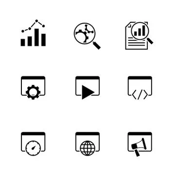 Search engine optimization black icons on white background Stock Illustration