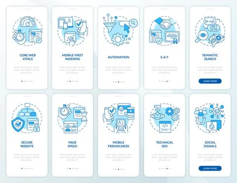 Search engine optimization blue onboarding mobile app screen set Illustrazione stock