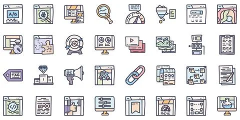 Search engine optimization color vector doodle simple icon set Illustrazione stock